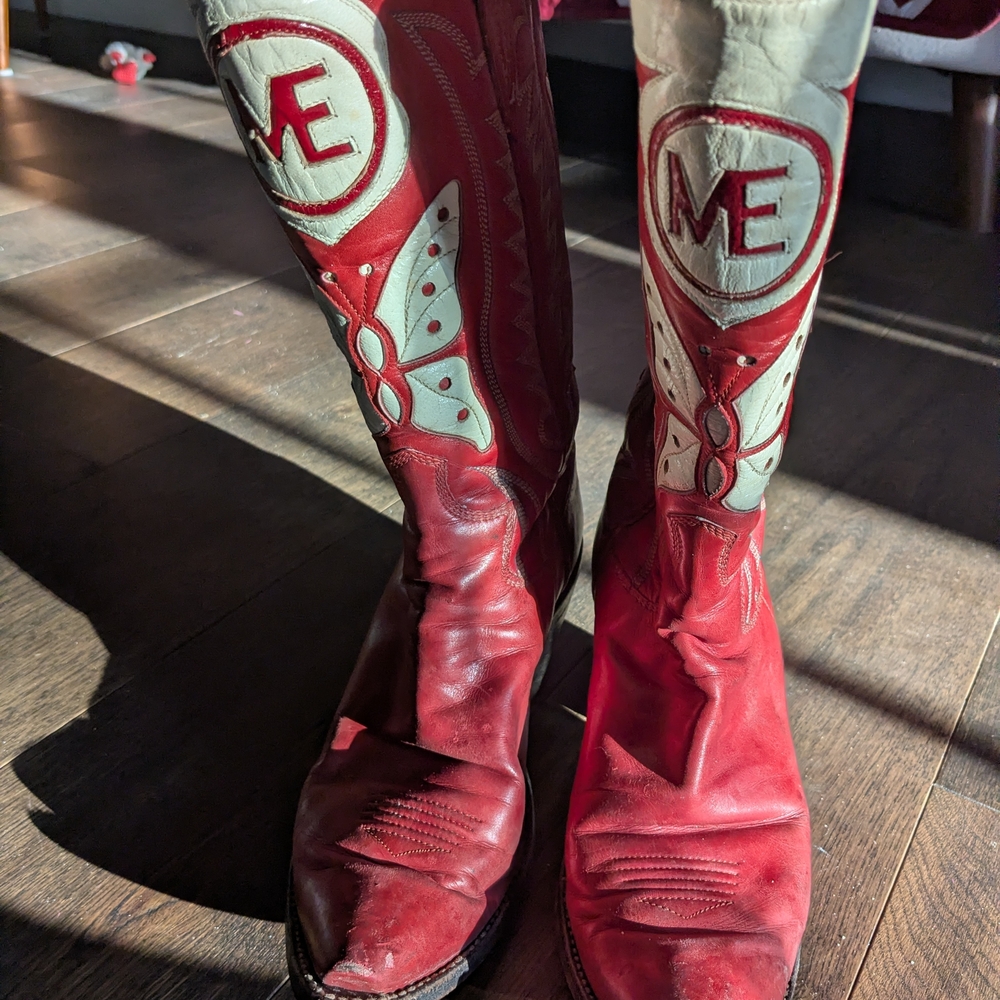 Red and White Embellished Western Boots with Butterfly Details